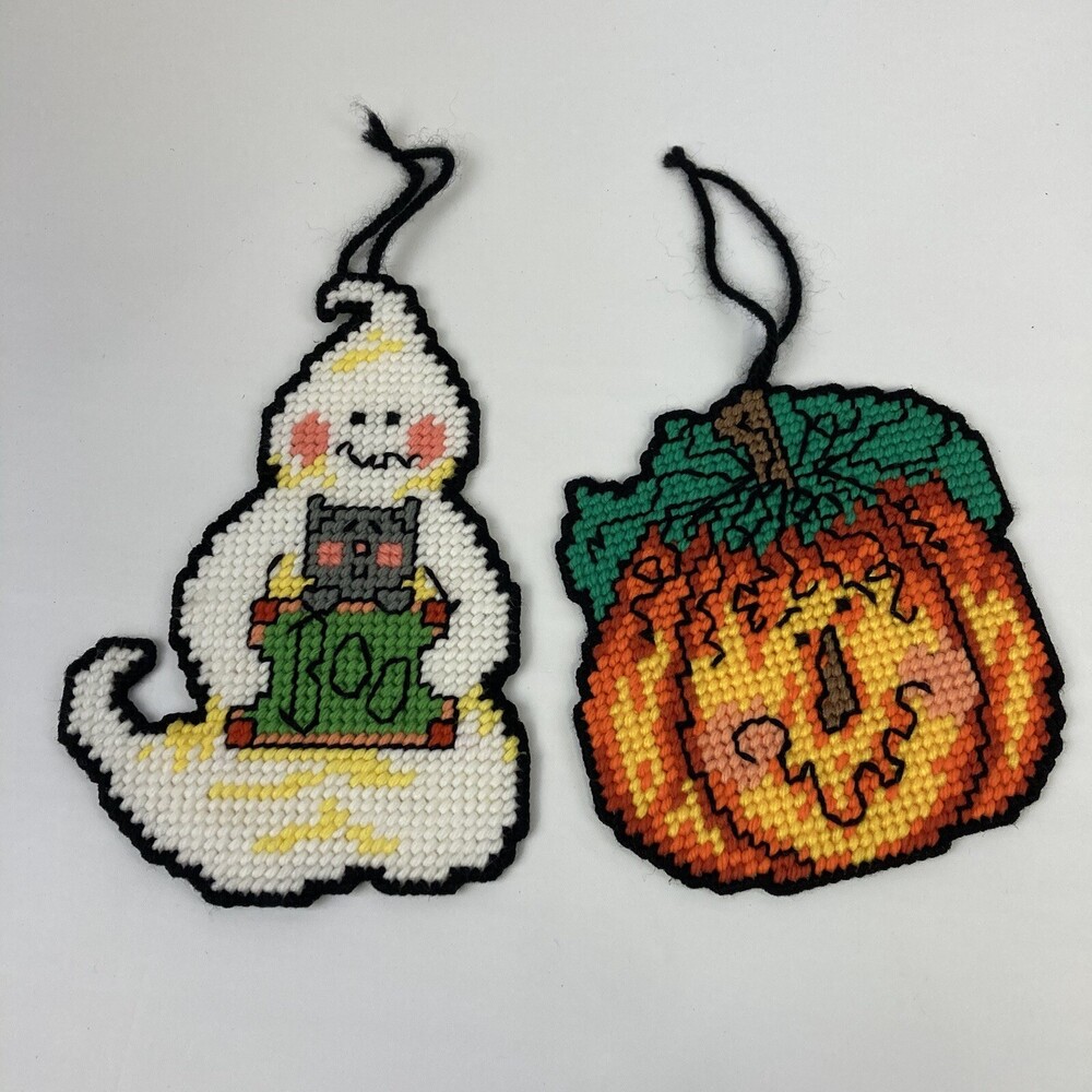 VTG Halloween Plastic Needlepoint Ghost & JOL 8" Canvas Wall Hanging Decorations